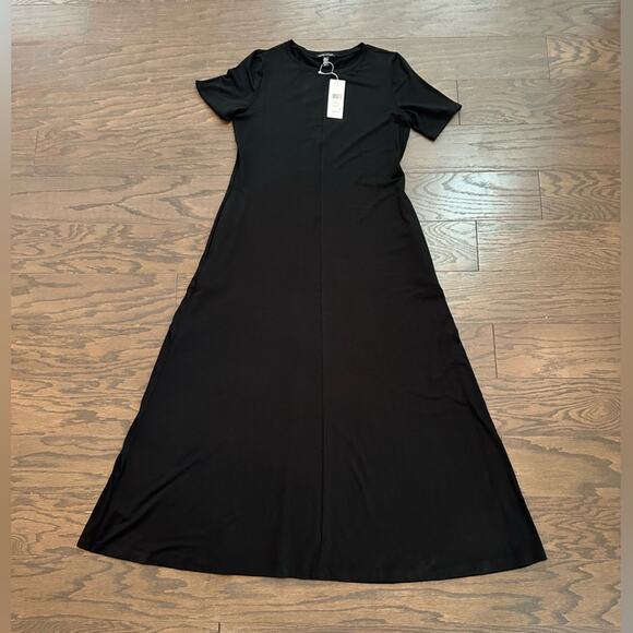 Eileen Fisher Fine Tencel Jersey Black Crew Neck Maxi Long Dress Size XS NWT - Picture 2 of 9